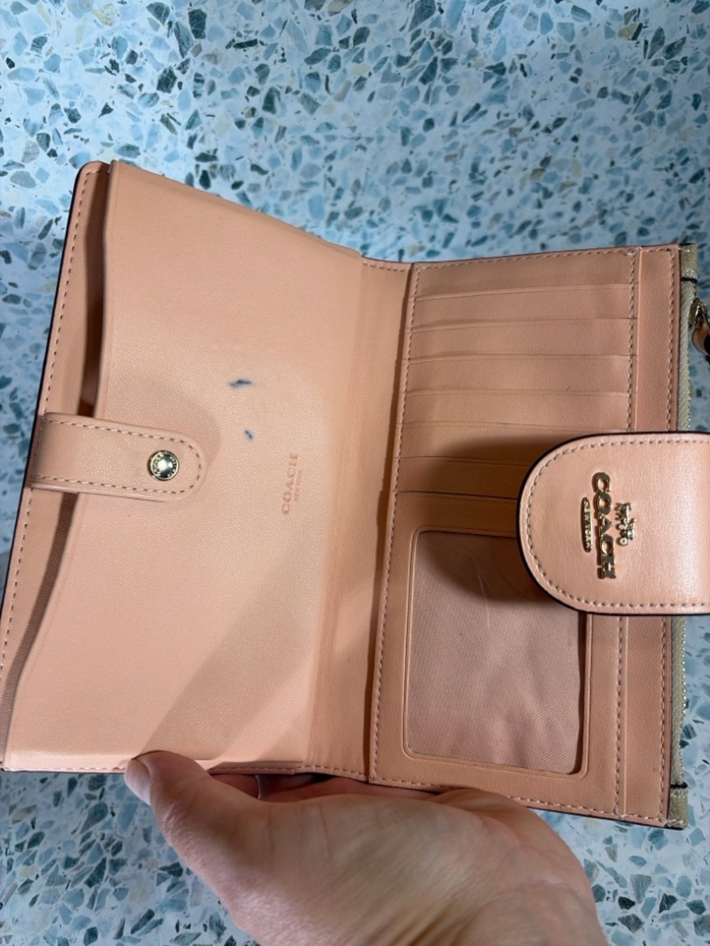 Coach Signature Canvas Wristlet in Tan with Pink Trim - Picture 3 of 5